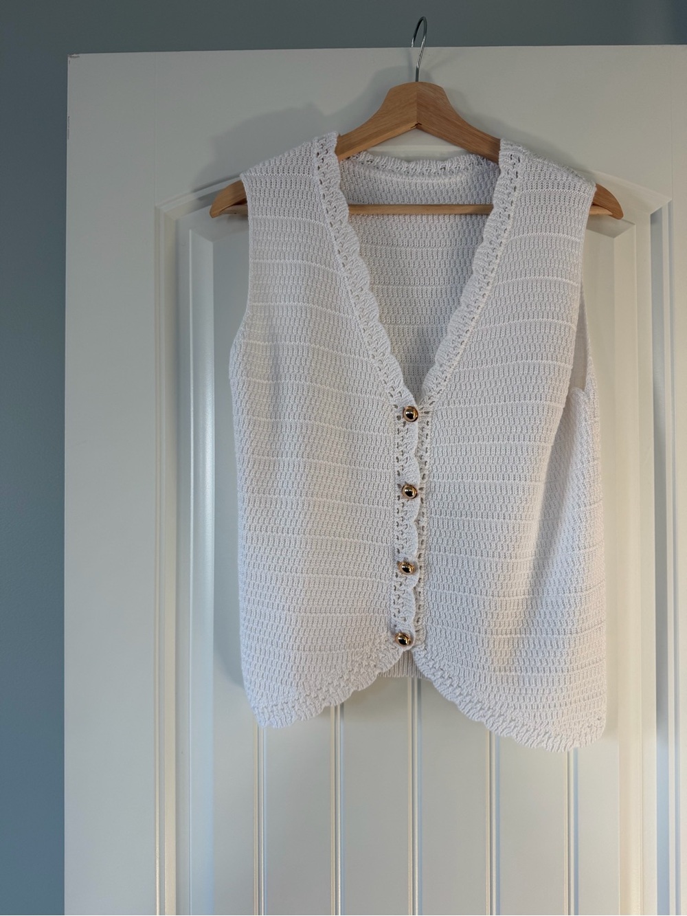 White Crochet V-Neck Gold Button Front Sweater Vest